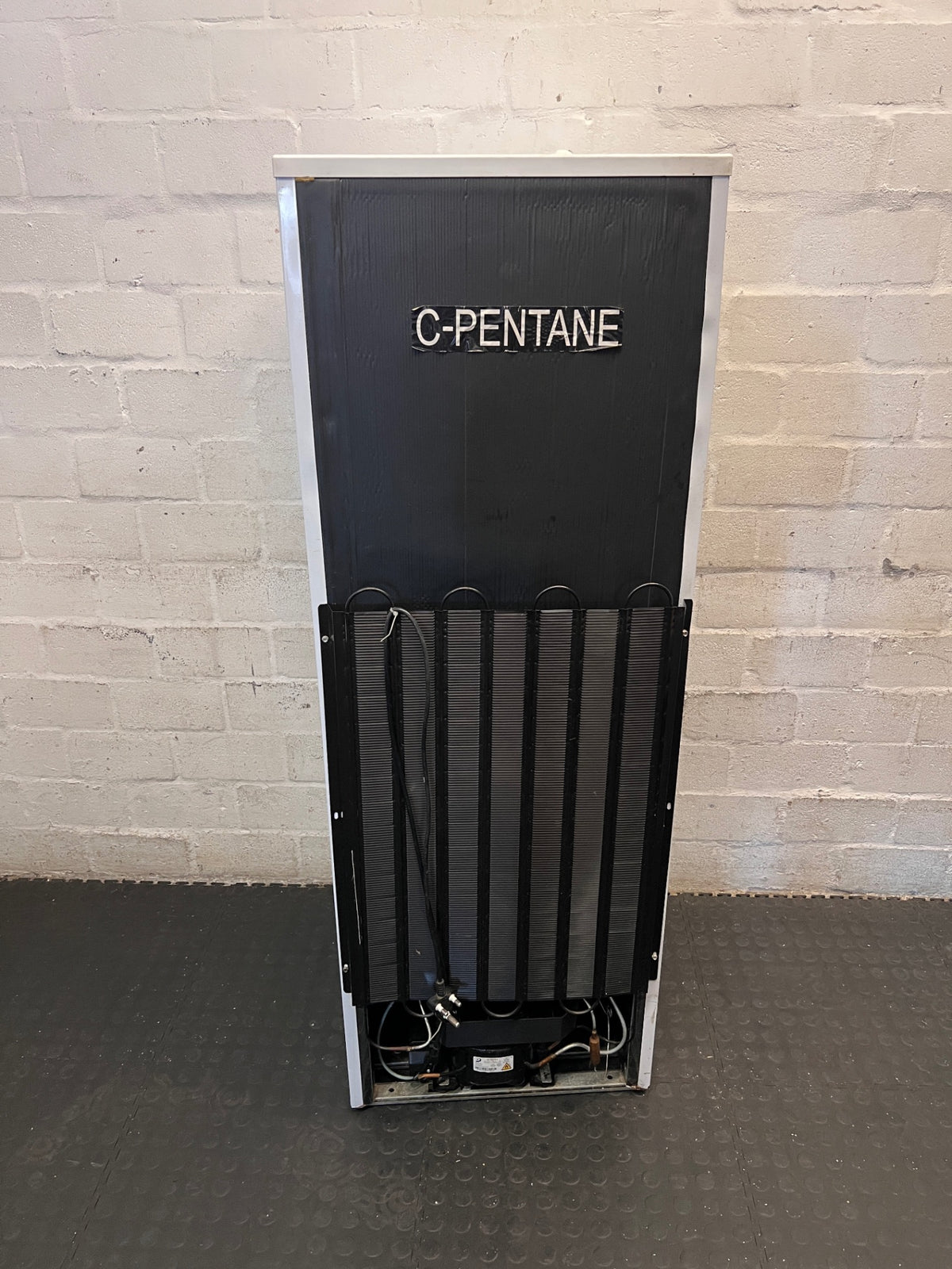 White KIC Top-Mount Fridge Freezer — Working with Burn Damage on Top – back view