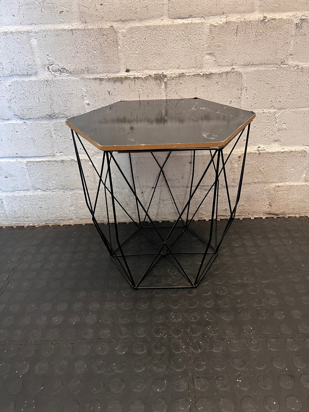 Hexagonal Black Marble-Effect Side Table with Metal Frame – main front view