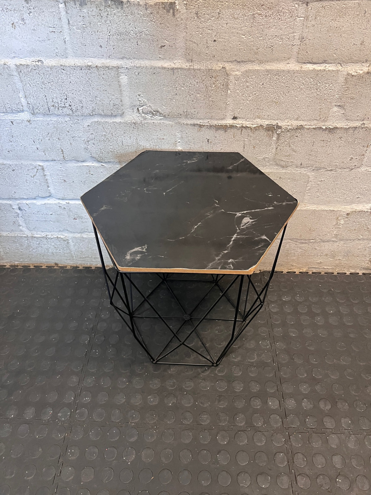 Hexagonal Black Marble-Effect Side Table with Metal Frame – side view