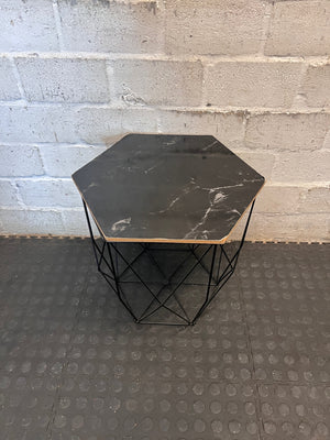 Hexagonal Black Marble-Effect Side Table with Metal Frame – side view