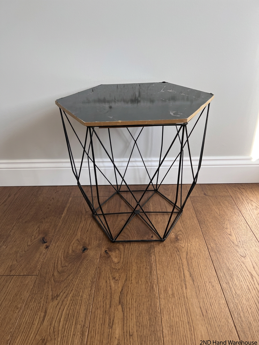 Hexagonal Black Marble-Effect Side Table with Metal Frame – styled product image