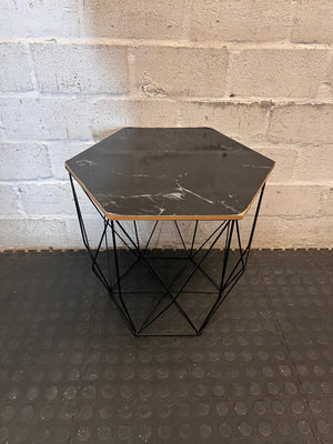 Hexagonal Black Marble-Effect Side Table with Metal Frame – top view