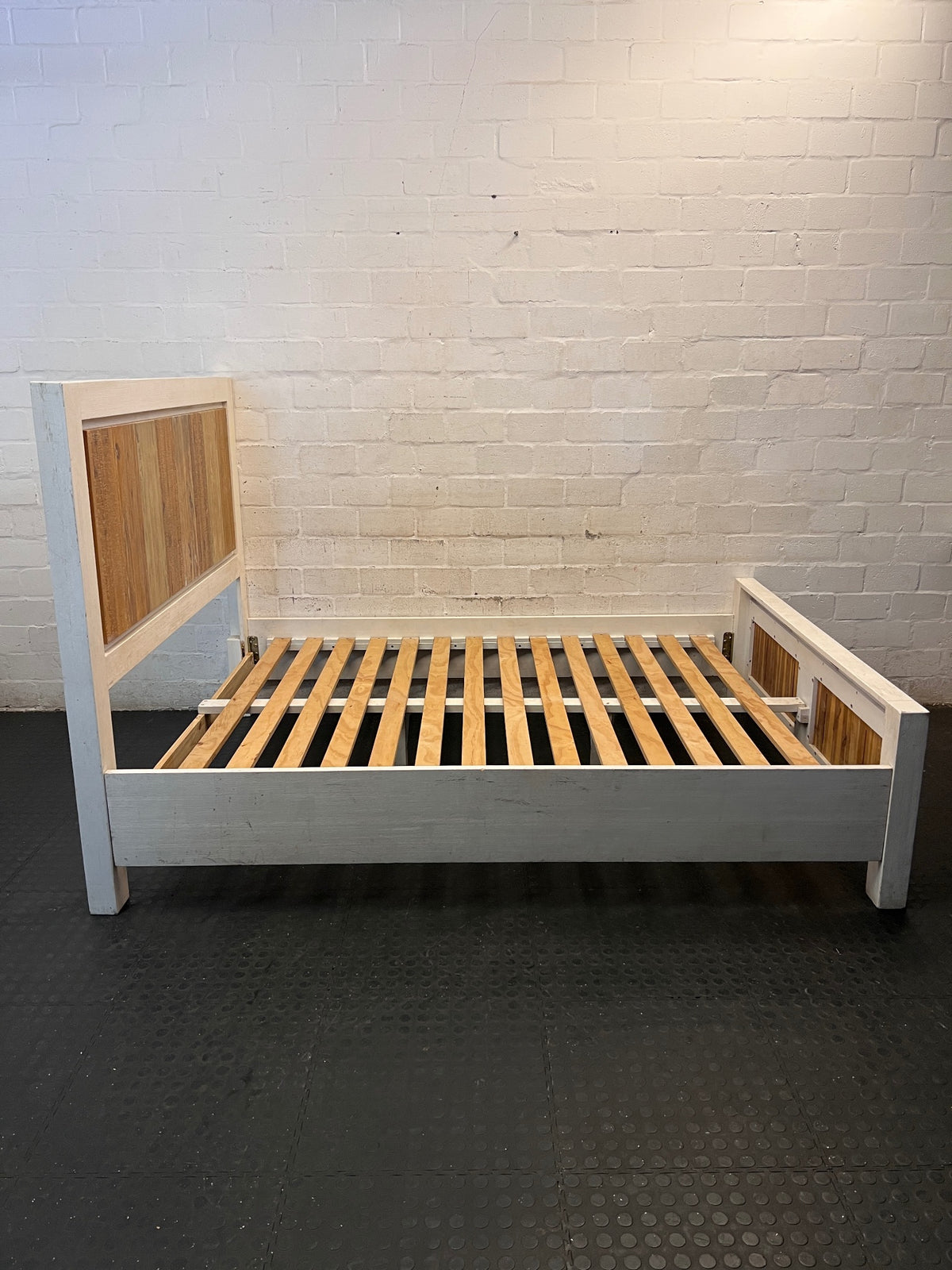 Whitewashed Wooden Double Bed Frame with Inlay Panelling – back view