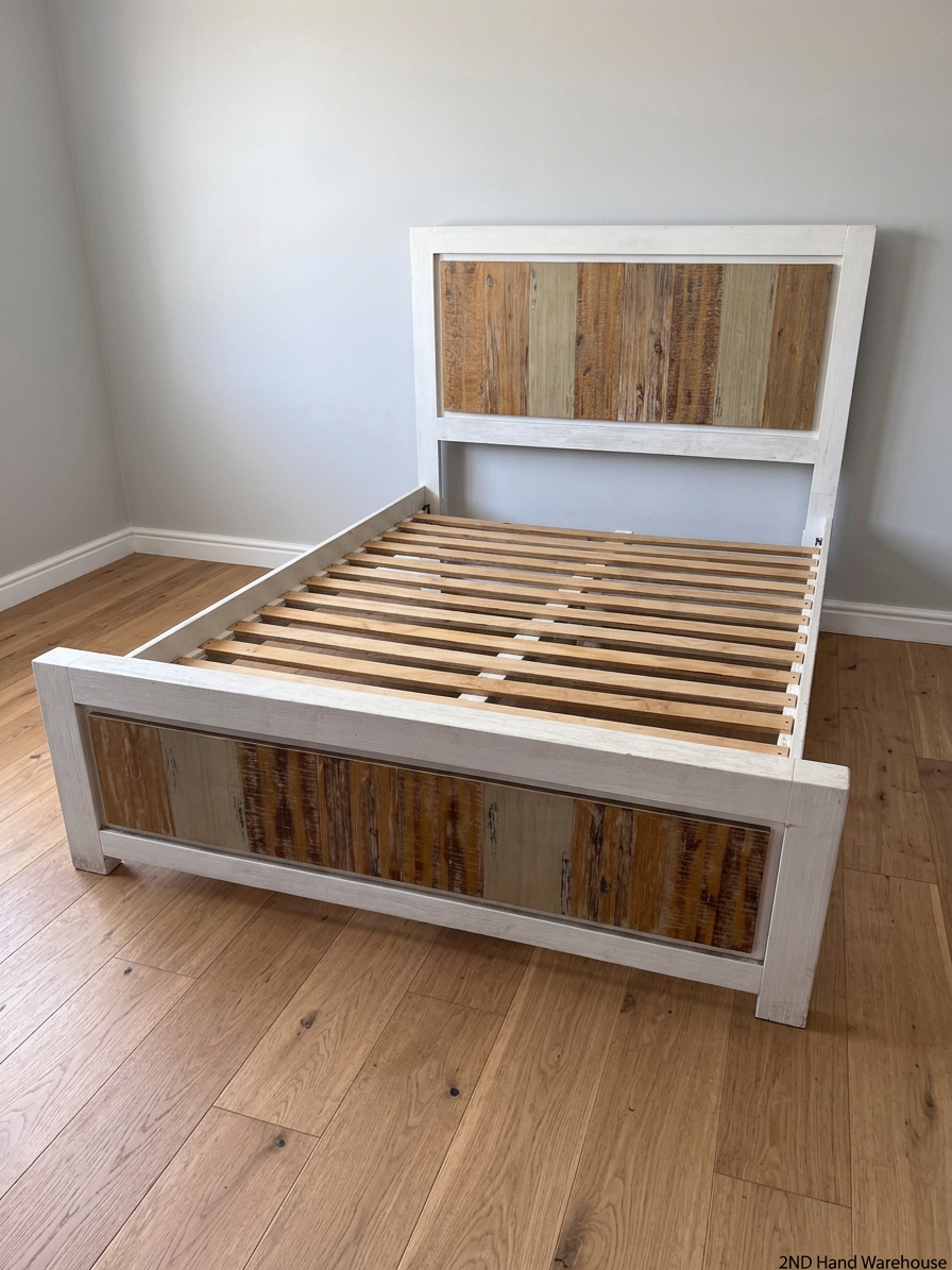Whitewashed Wooden Double Bed Frame with Inlay Panelling – styled product image