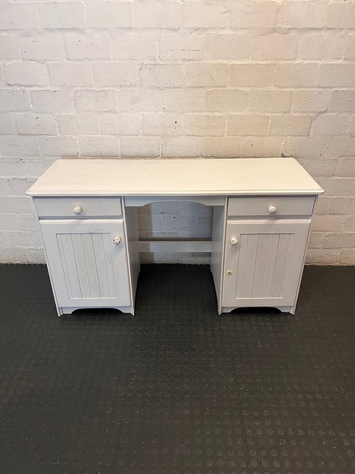 White Painted Wood Writing Desk with Pedestal Cupboards – main front view