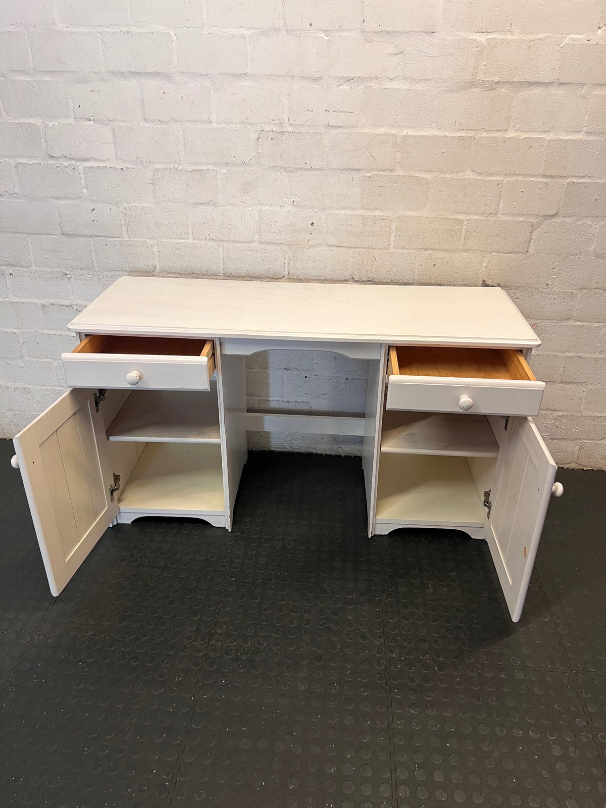 White Painted Wood Writing Desk with Pedestal Cupboards – side view