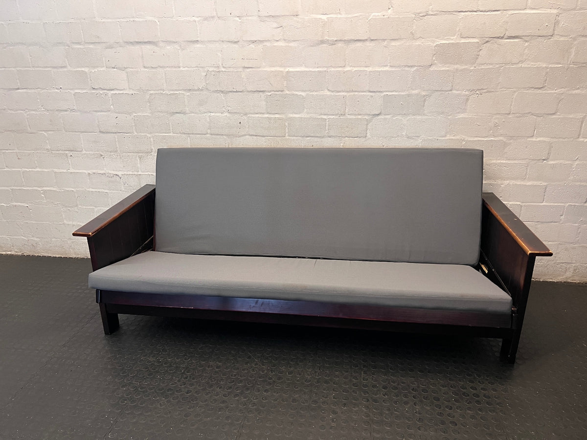Dark Wood Sleeper Couch with Grey Mattress – main front view
