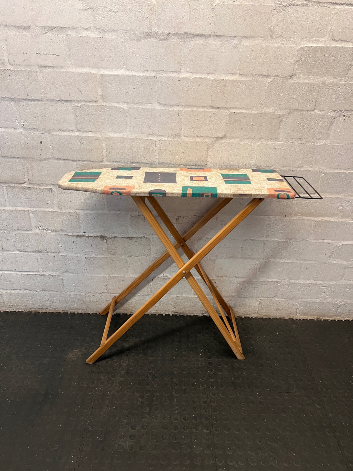 Wooden Folding Ironing Board with Geometric Cover – main front view