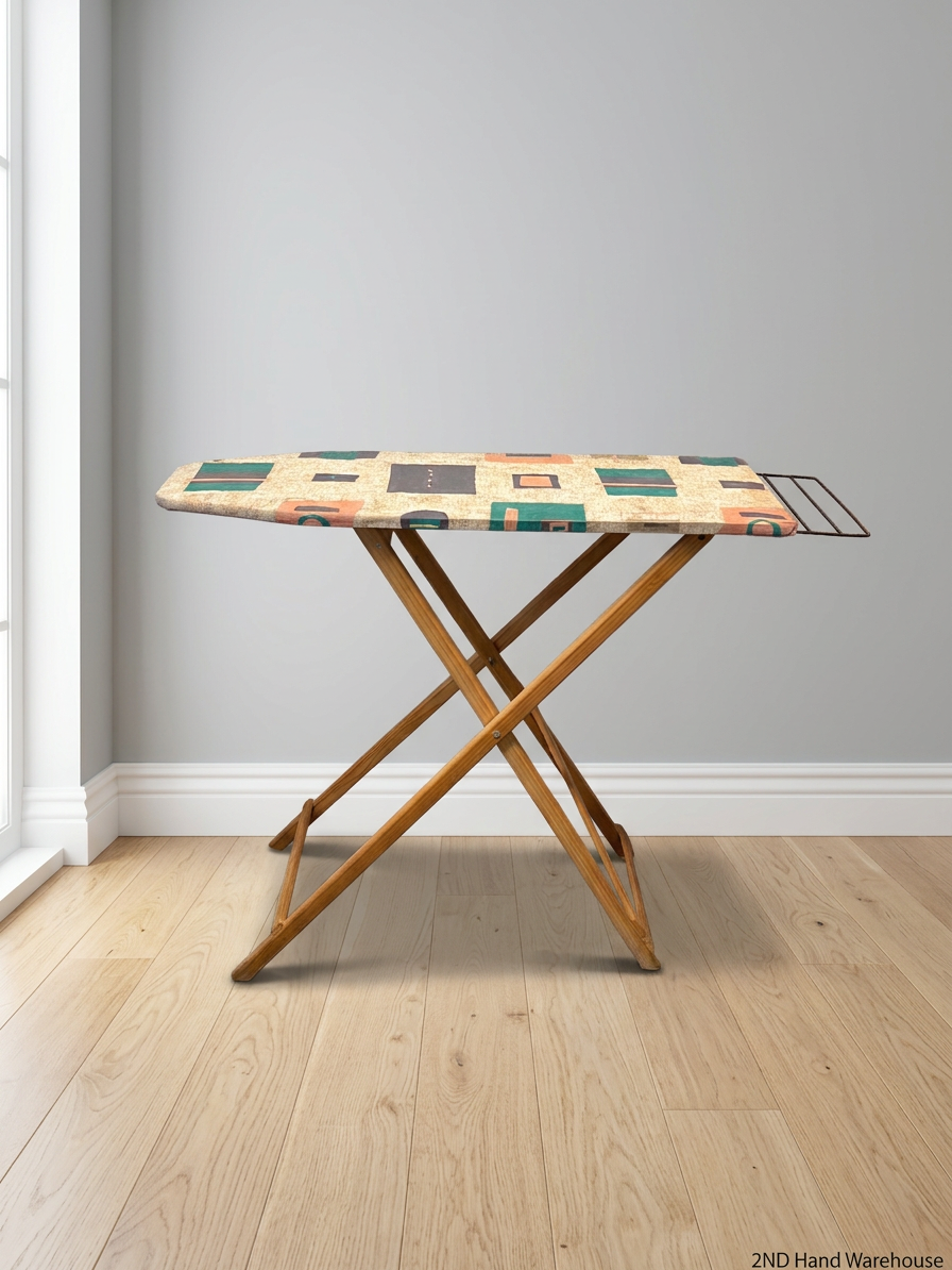 Wooden Folding Ironing Board with Geometric Cover – styled product image