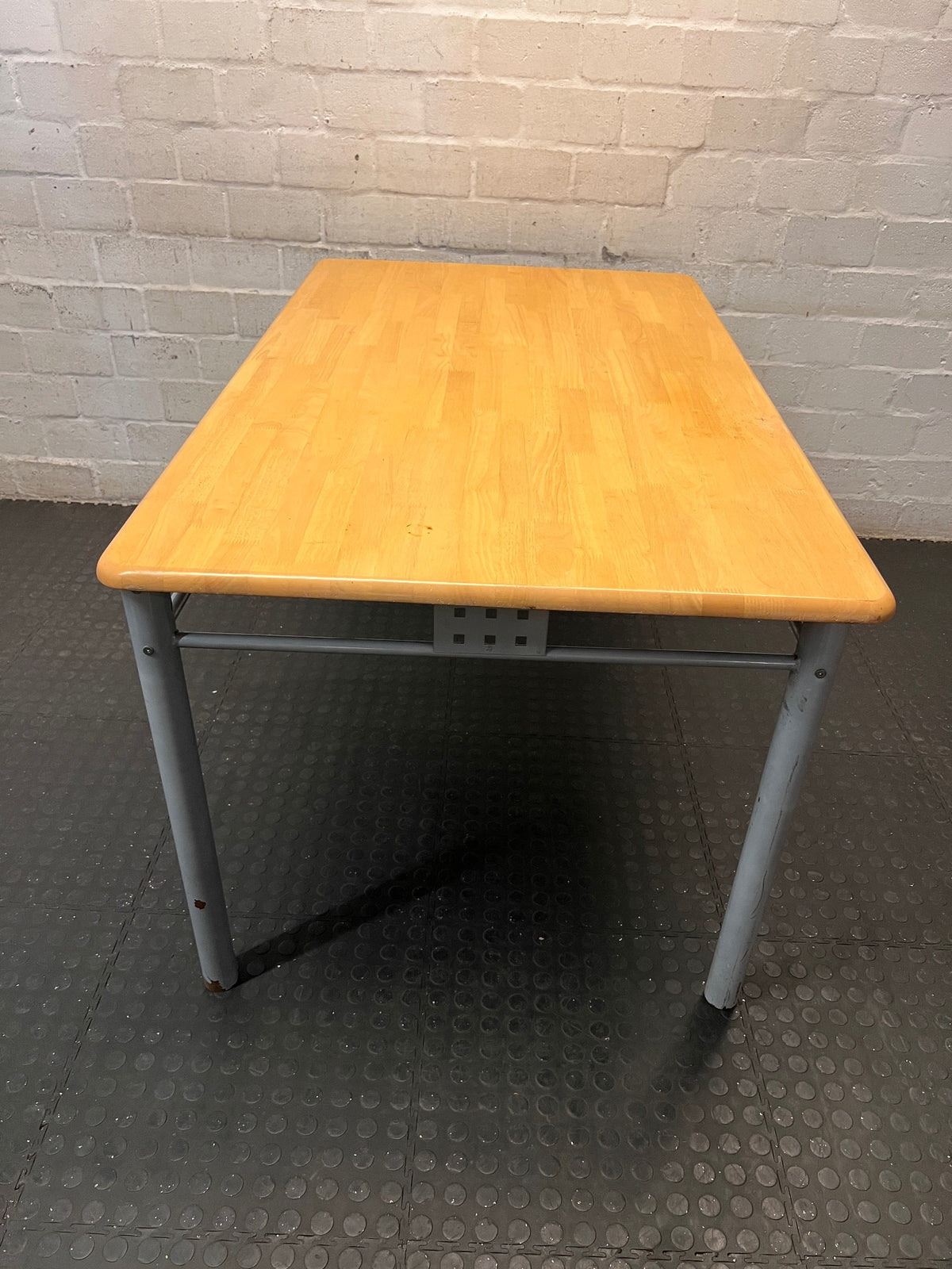 Rectangular Wood-Look Table with Grey Steel Legs – back view