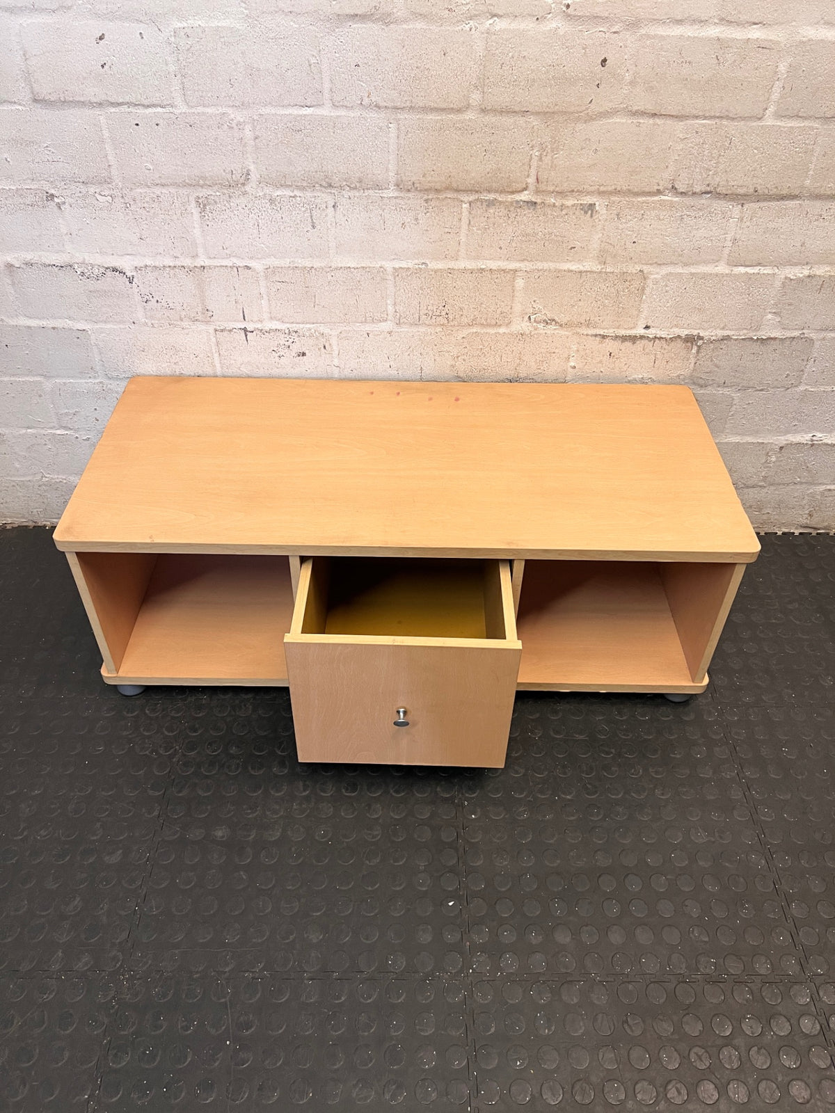Light Wood-Look TV Unit with Drawer and Shelves – back view