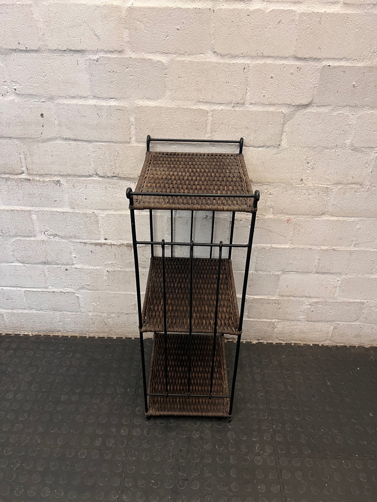 3-Tier Woven Wicker and Metal Shelving Unit – back view
