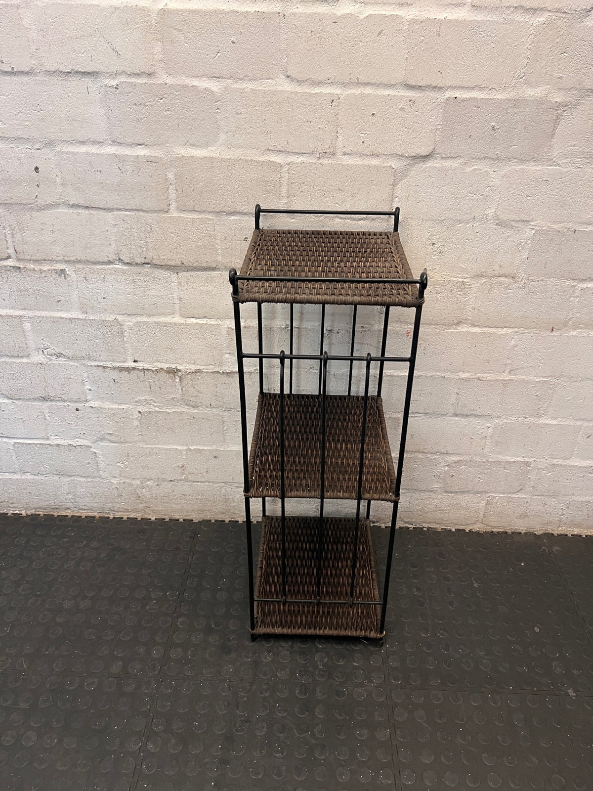 3-Tier Woven Wicker and Metal Shelving Unit – top view