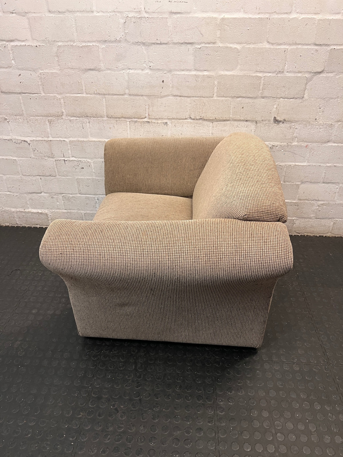 Neutral Textured One Seater Couch with Flared Arms – side view