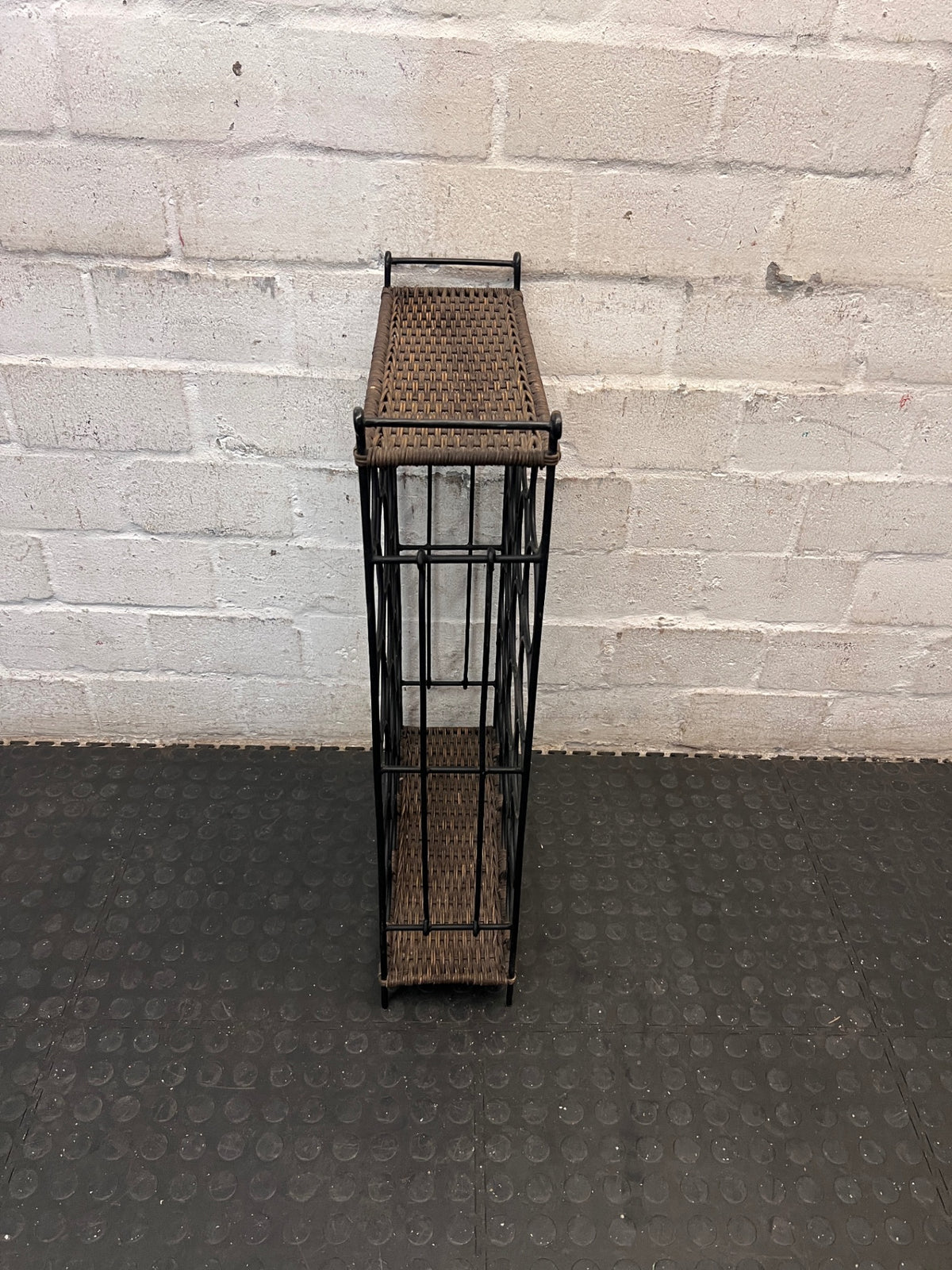 Metal and Woven Wicker Wine Rack – side view