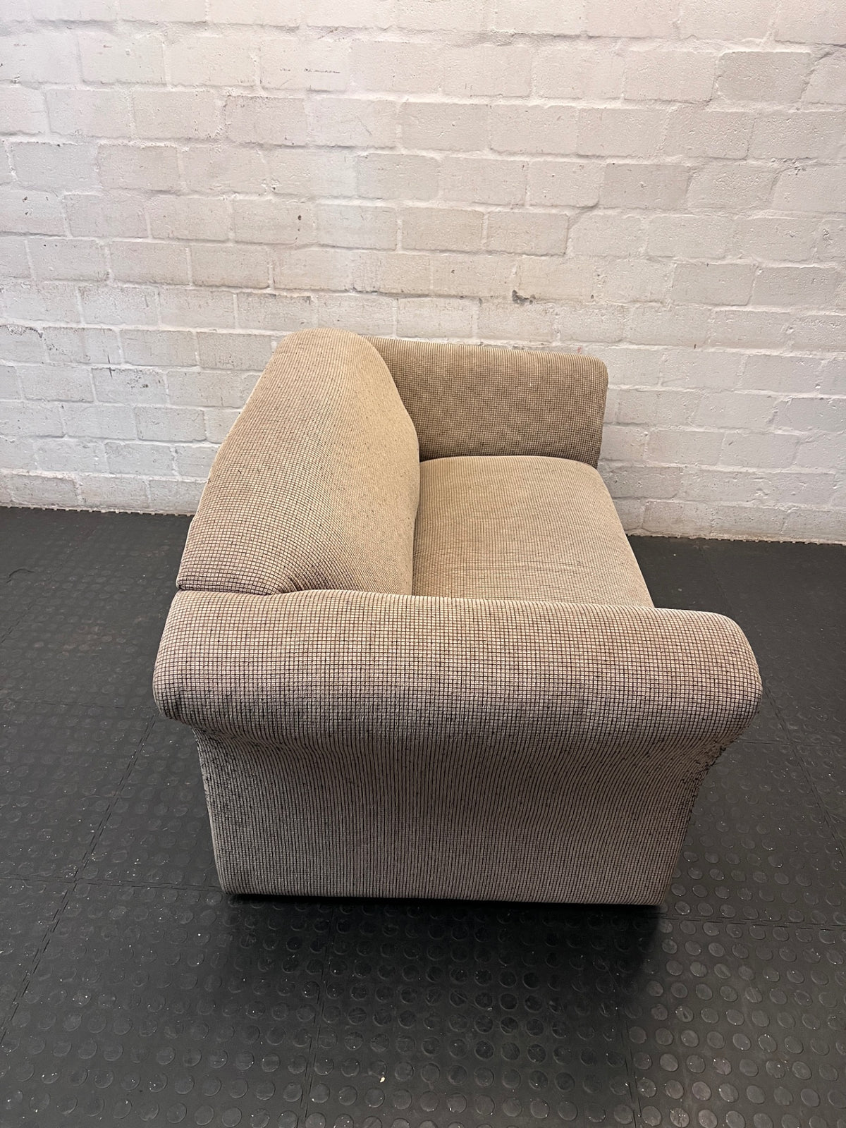Textured Fabric 2 Seater Couch with Flared Arms – back view