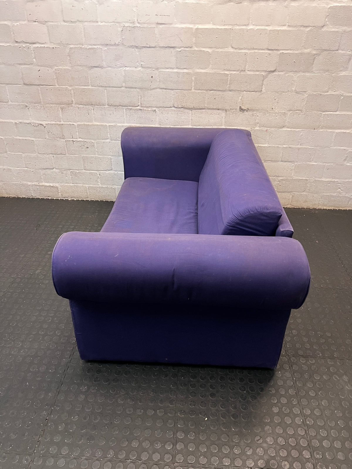 Purple Upholstered 2 Seater Couch with Rolled Arms – condition detail