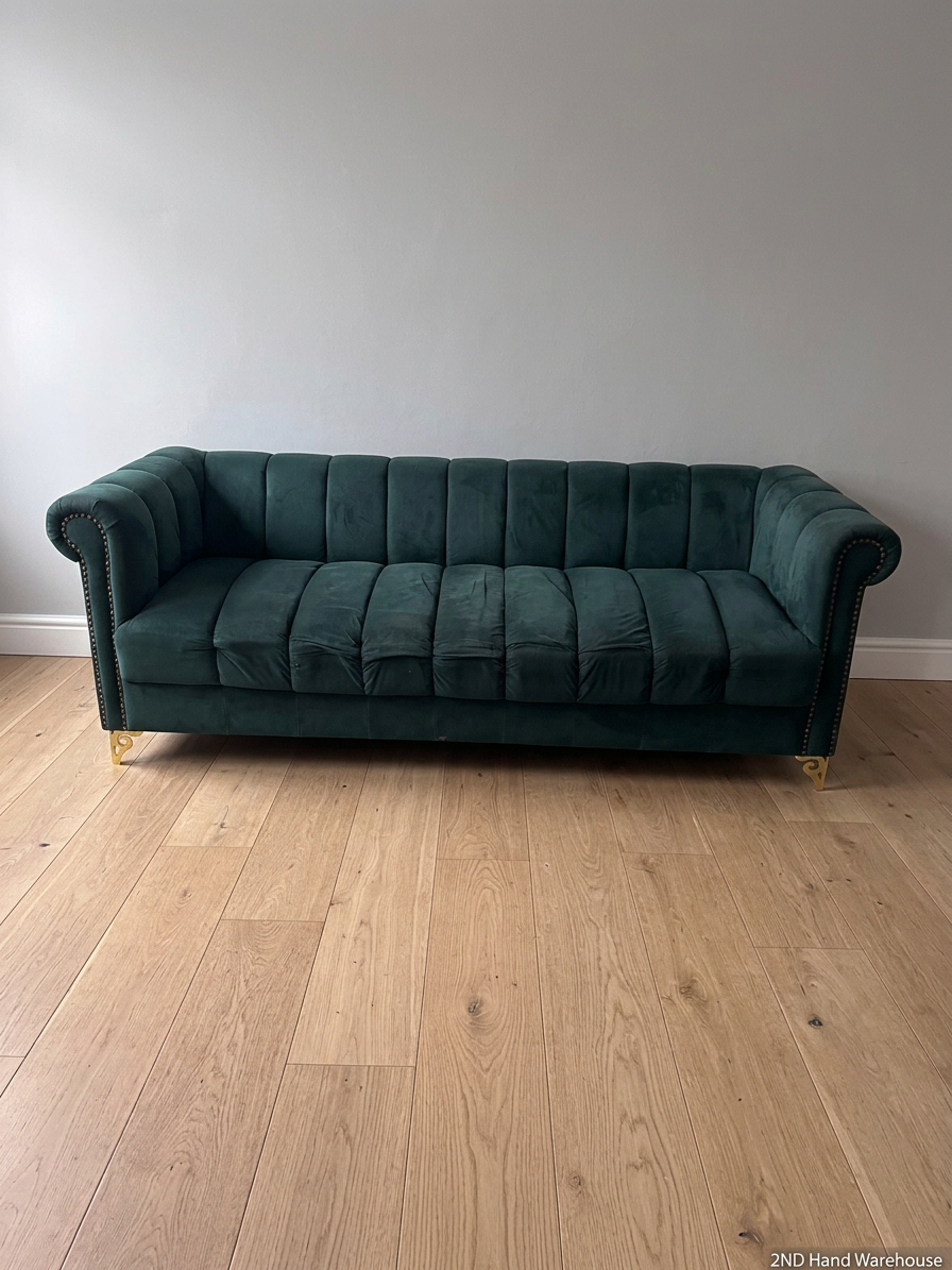 Teal Channel-Tufted 3 Seater Couch with Stud Detail – styled product image