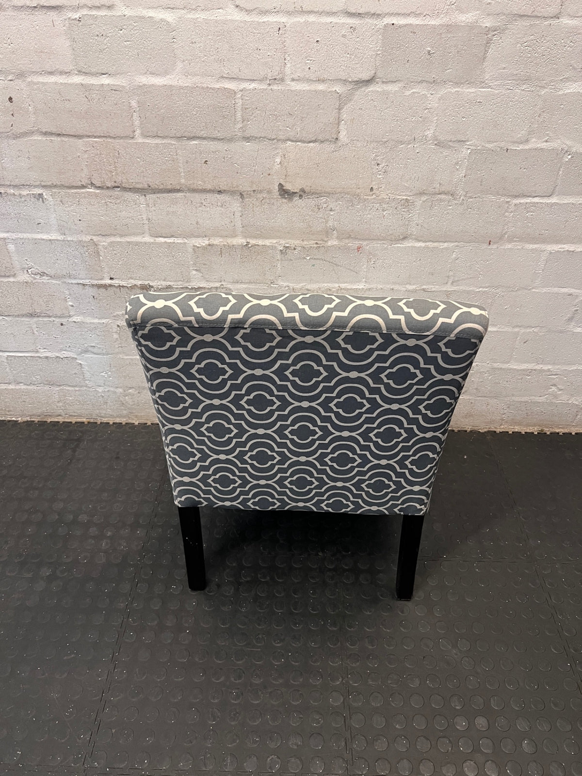 Grey Patterned Upholstered Slipper Chair – back view