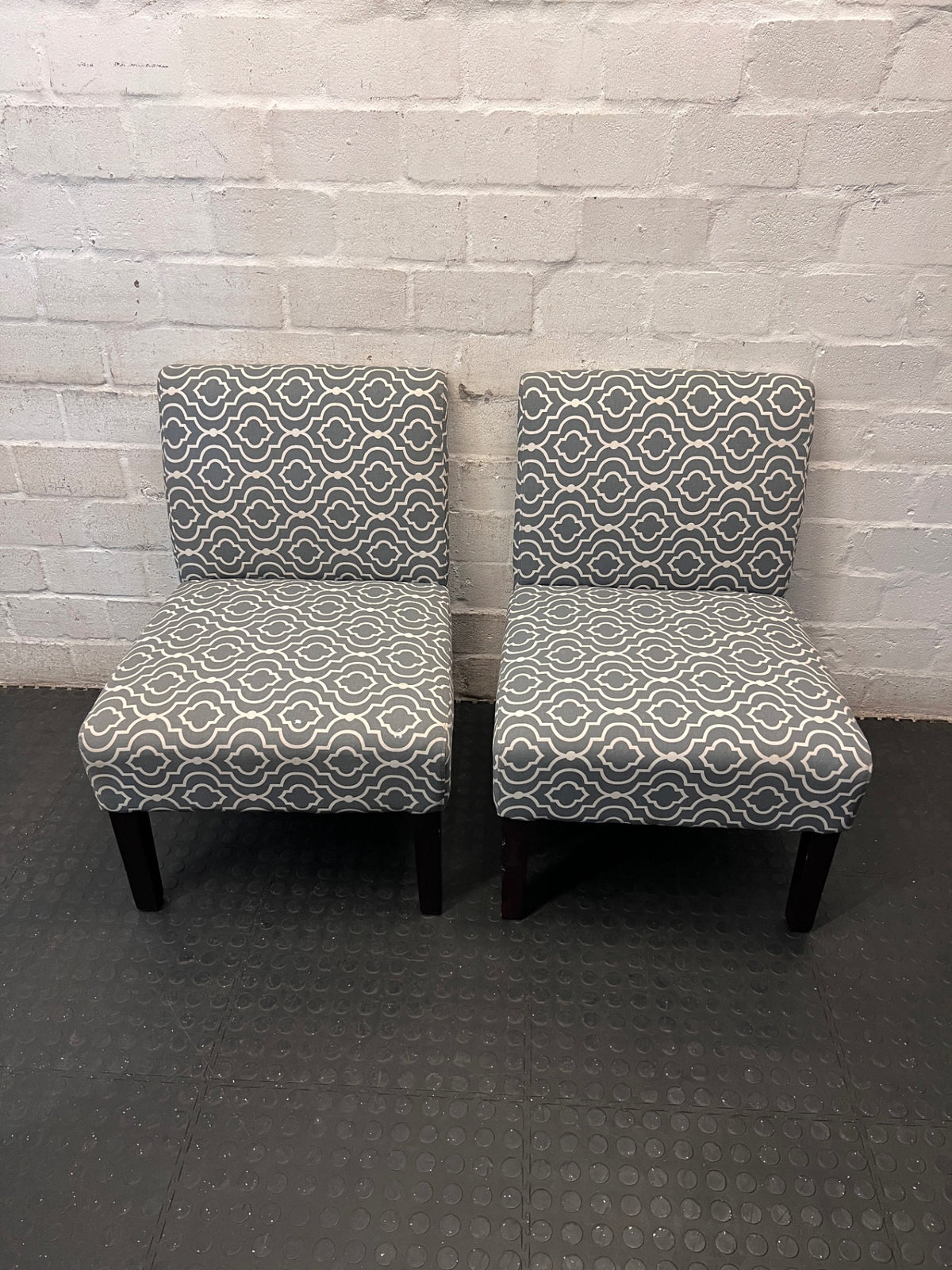 Grey Patterned Upholstered Slipper Chair – side view