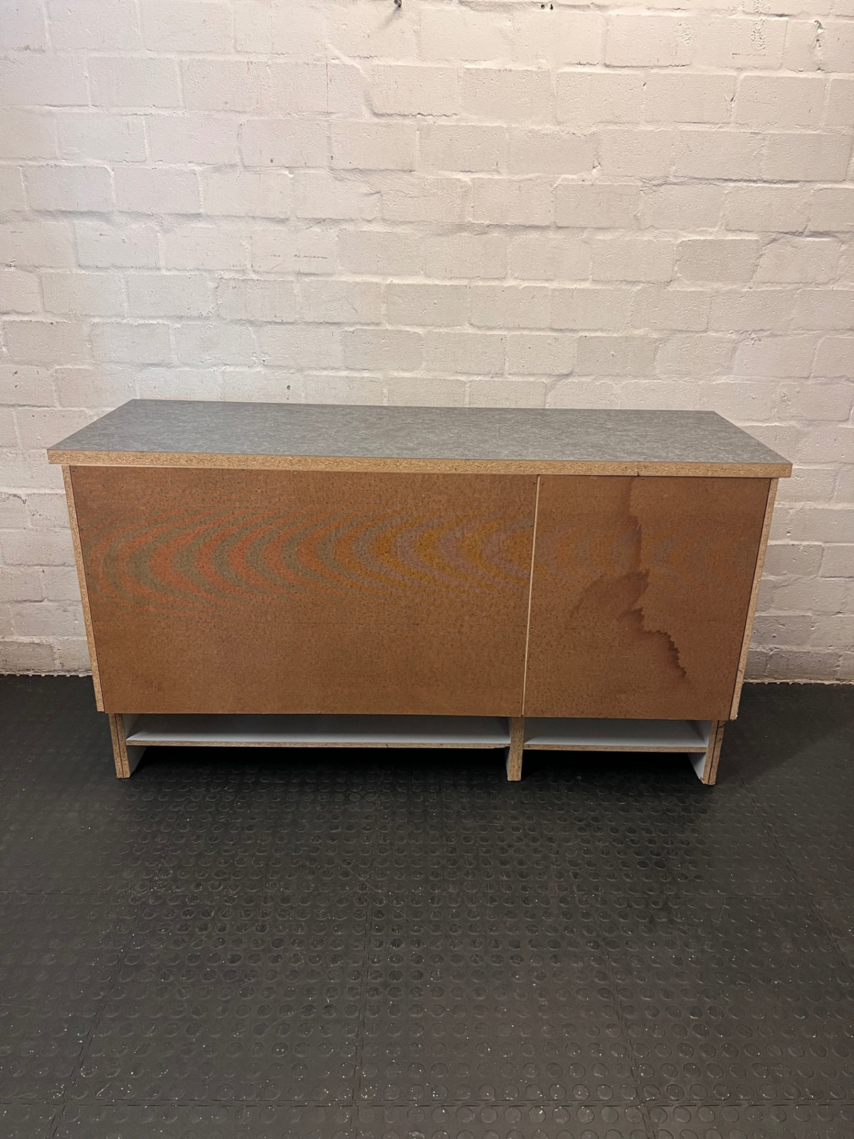 Mahogany Finish Canteen Unit with Stone-Effect Top – back view
