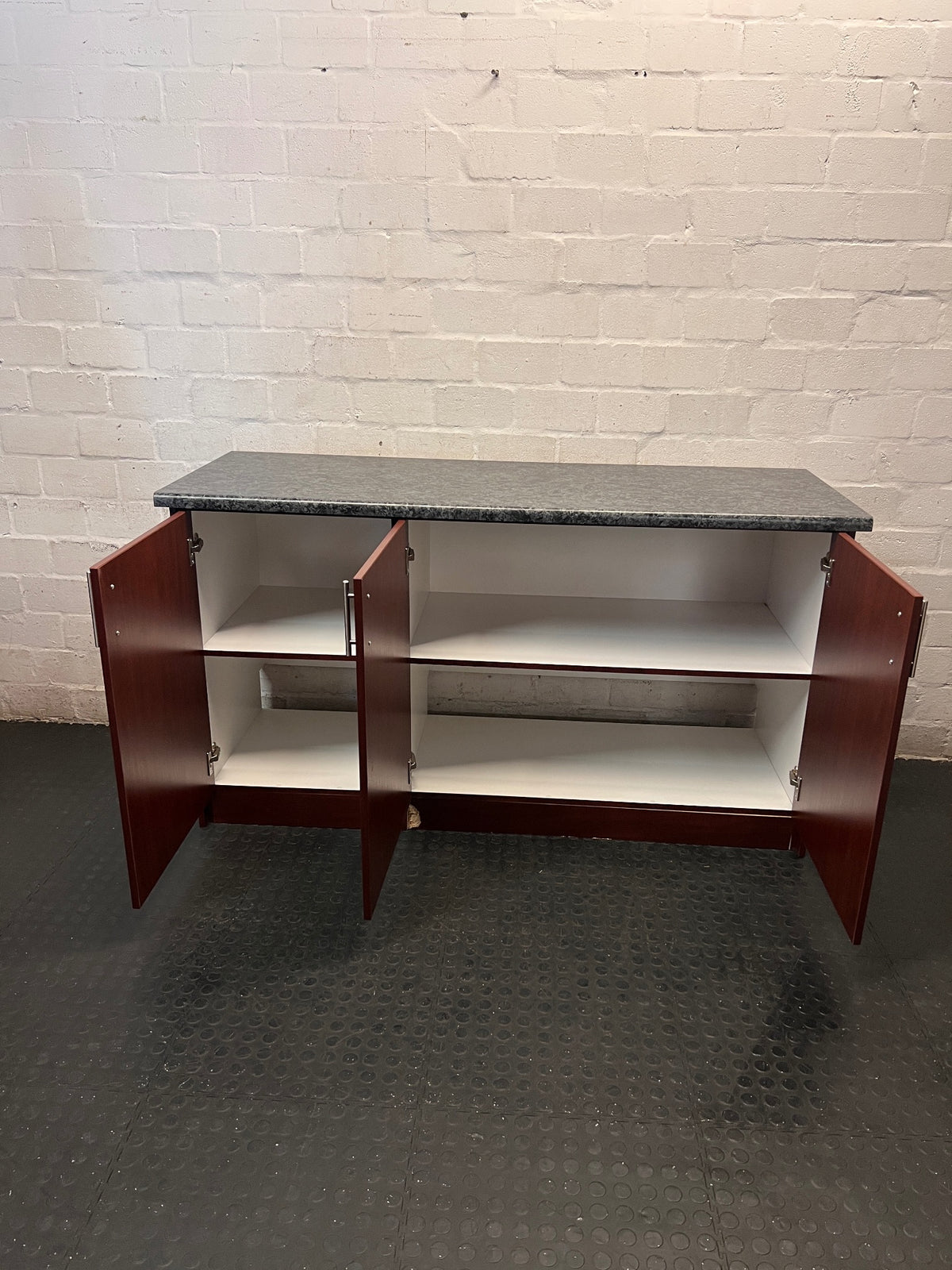 Mahogany Finish Canteen Unit with Stone-Effect Top – side view