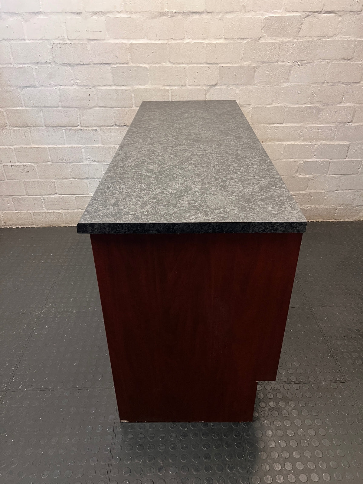 Mahogany Finish Canteen Unit with Stone-Effect Top – top view