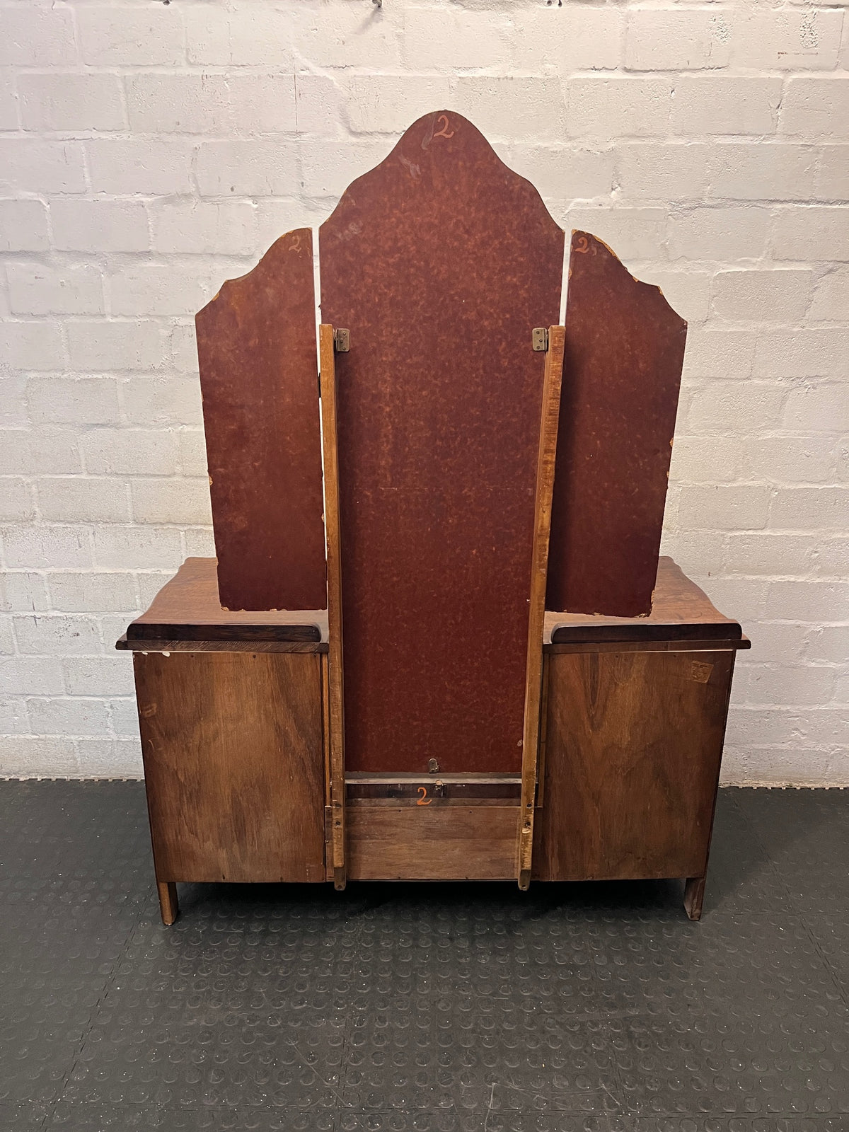 Vintage Dark Wood Dressing Table with Triptych Mirror – back view