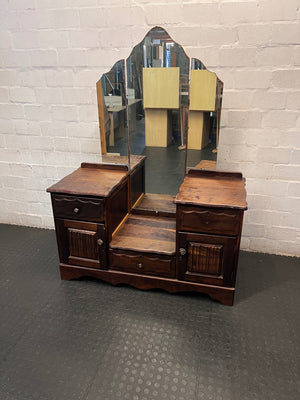 Vintage Dark Wood Dressing Table with Triptych Mirror – main front view