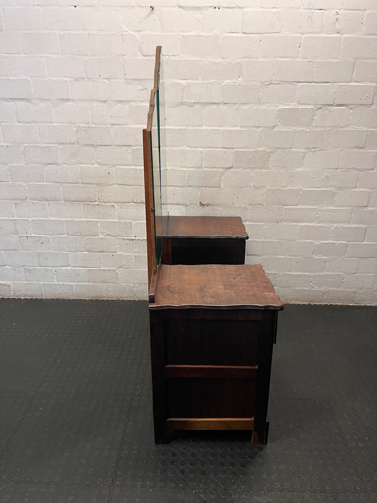 Vintage Dark Wood Dressing Table with Triptych Mirror – top view
