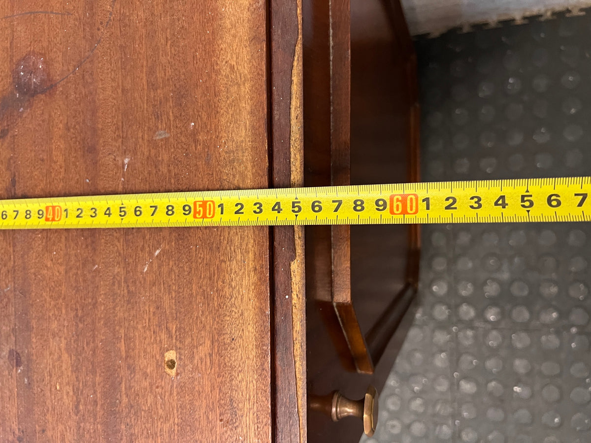 Dark Brown Wood Side Cabinet with Moulding Detail — Visible Damage to Cabinet Doors – depth measurement