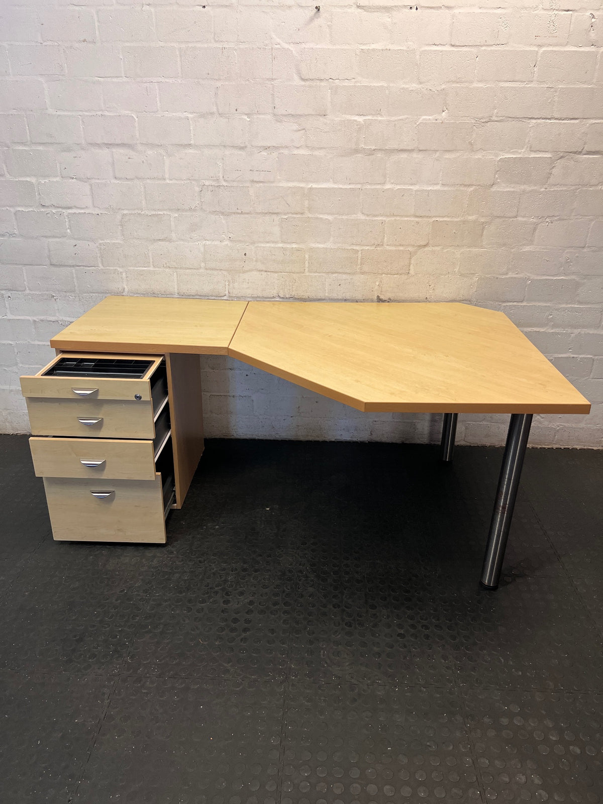 Multi-Angle Oak Finish Office Desk with 4 Drawers – side view