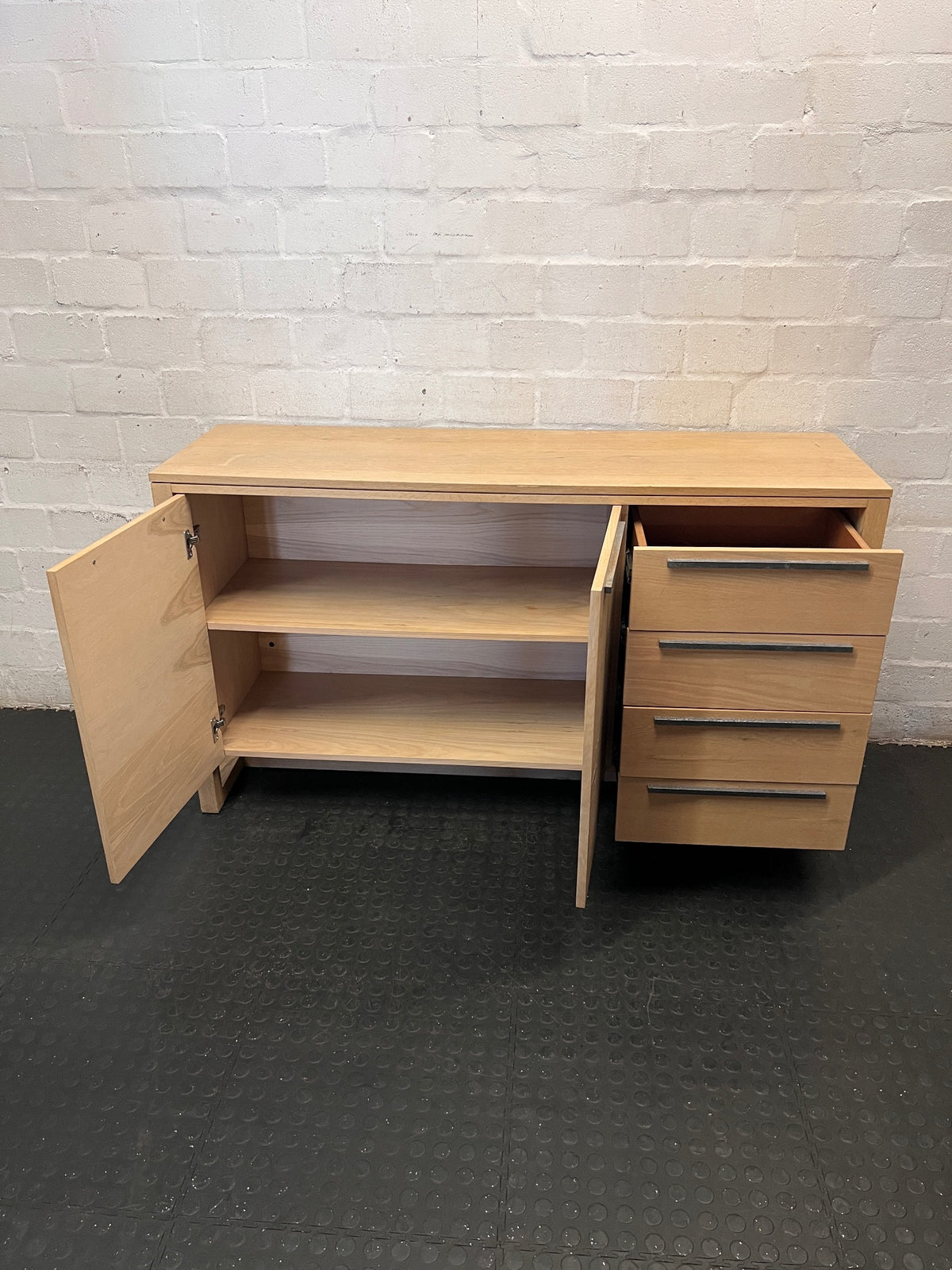 Coricraft Oak Sideboard with Drawers and Cupboards – side view