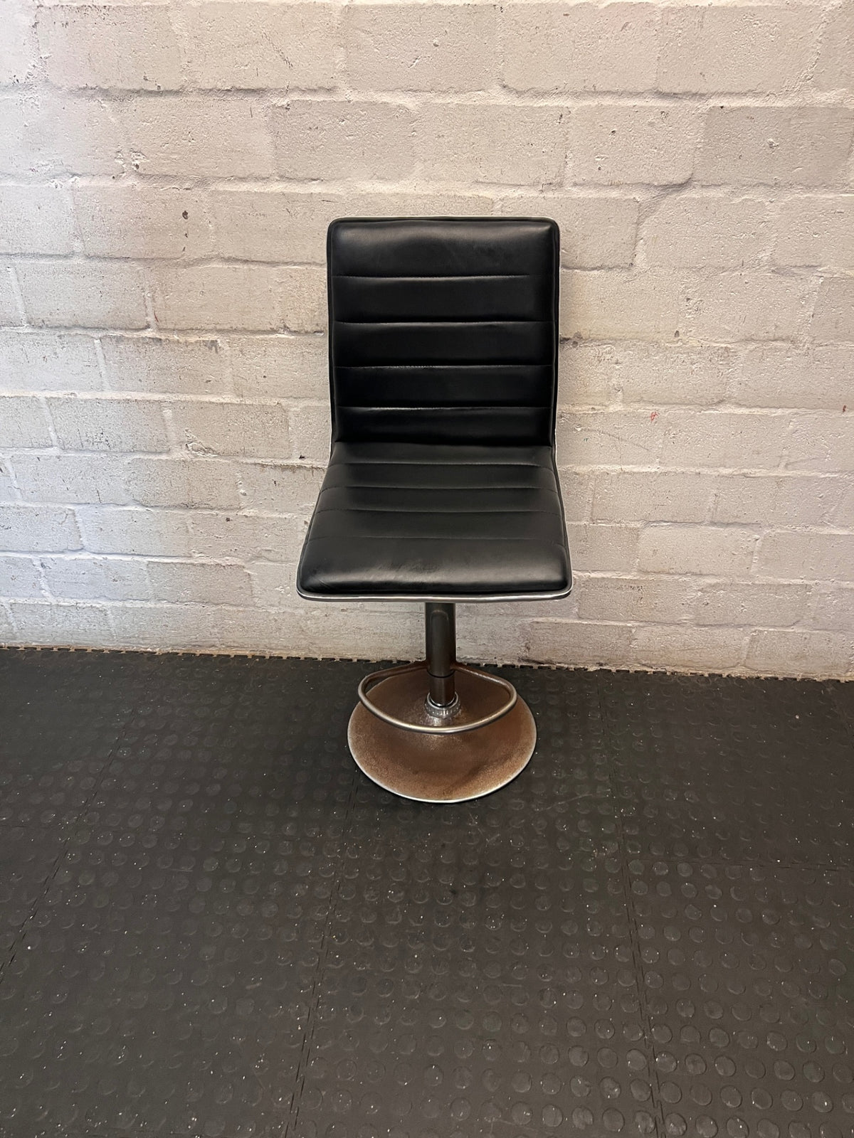 Modern Black Faux-Leather Swivel Bar Stool with Chrome Base — Damaged Condition – main front view