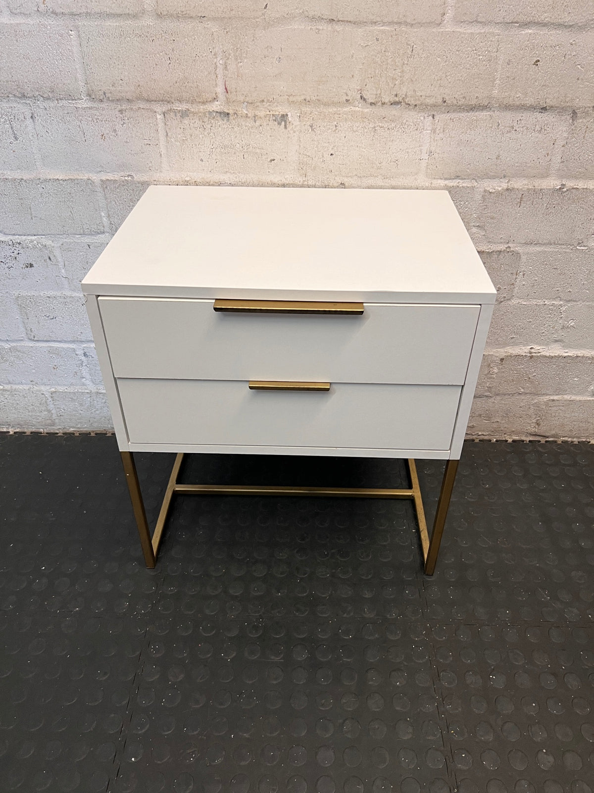 White Two-Drawer Bedside Table with Gold Metal Base – main front view