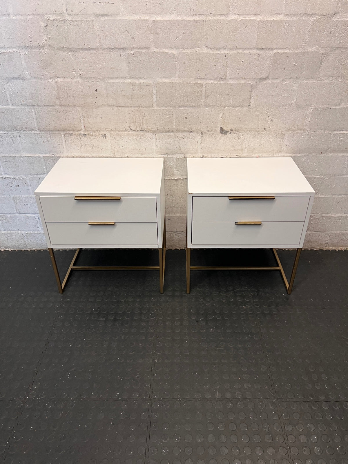 White Two-Drawer Bedside Table with Gold Metal Base – side view