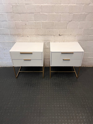 White Two-Drawer Bedside Table with Gold Metal Base – side view