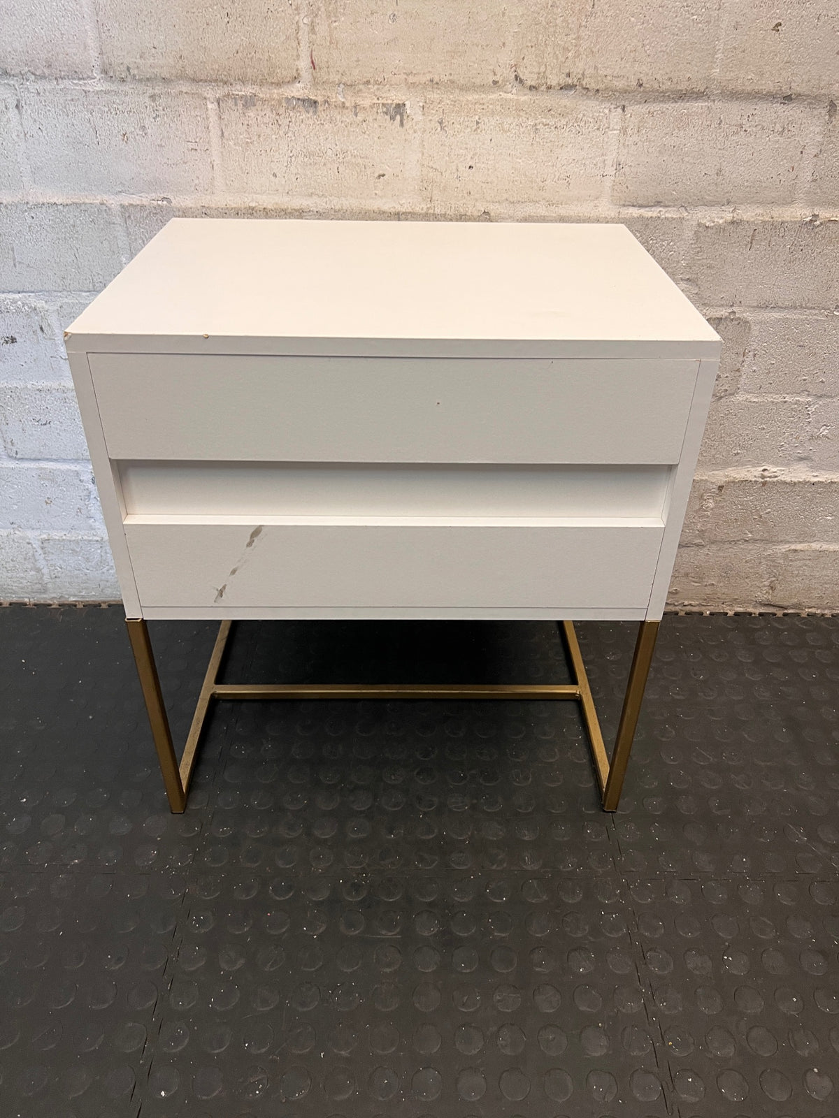 White Two-Drawer Bedside Table with Gold Metal Base – top view