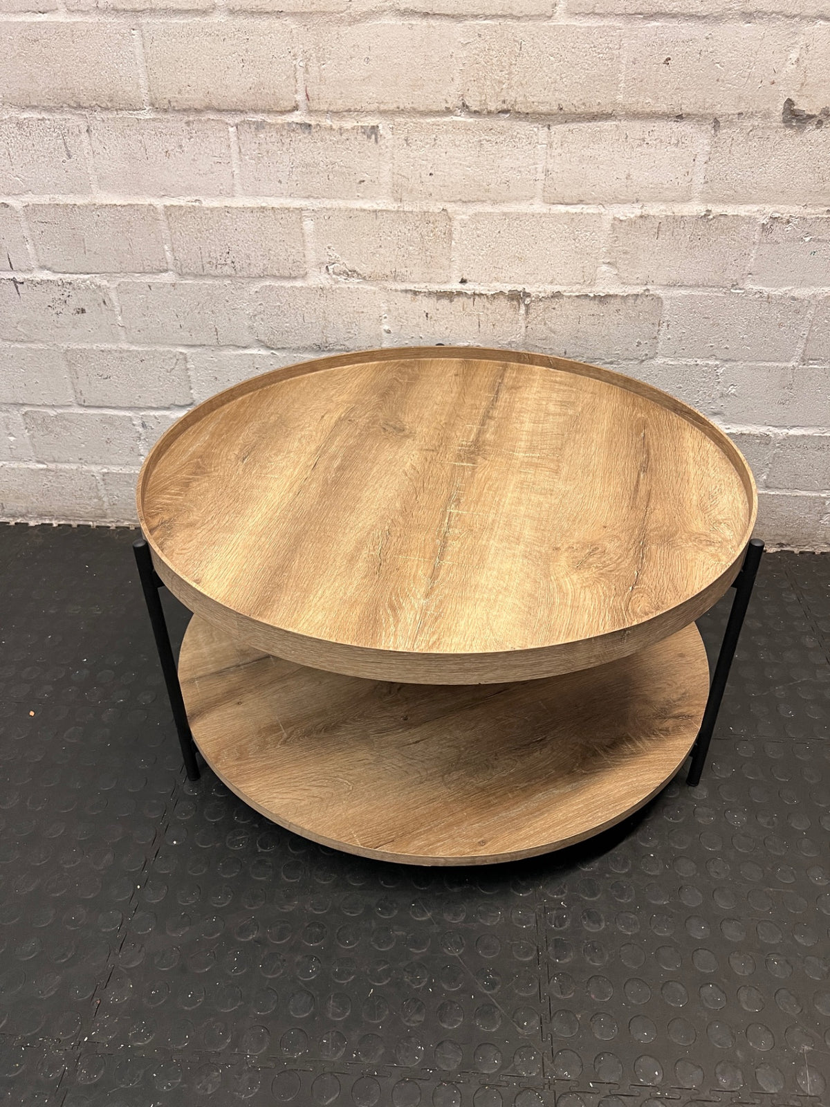 Round Wood and Metal Coffee Table with Storage Shelf – back view