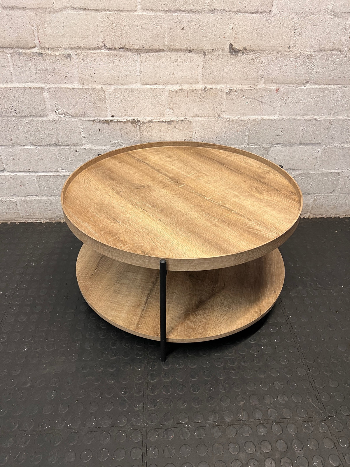 Round Wood and Metal Coffee Table with Storage Shelf – main front view