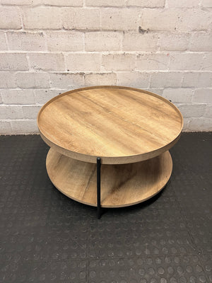 Round Wood and Metal Coffee Table with Storage Shelf – main front view