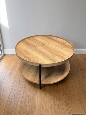 Round Wood and Metal Coffee Table with Storage Shelf – styled product image