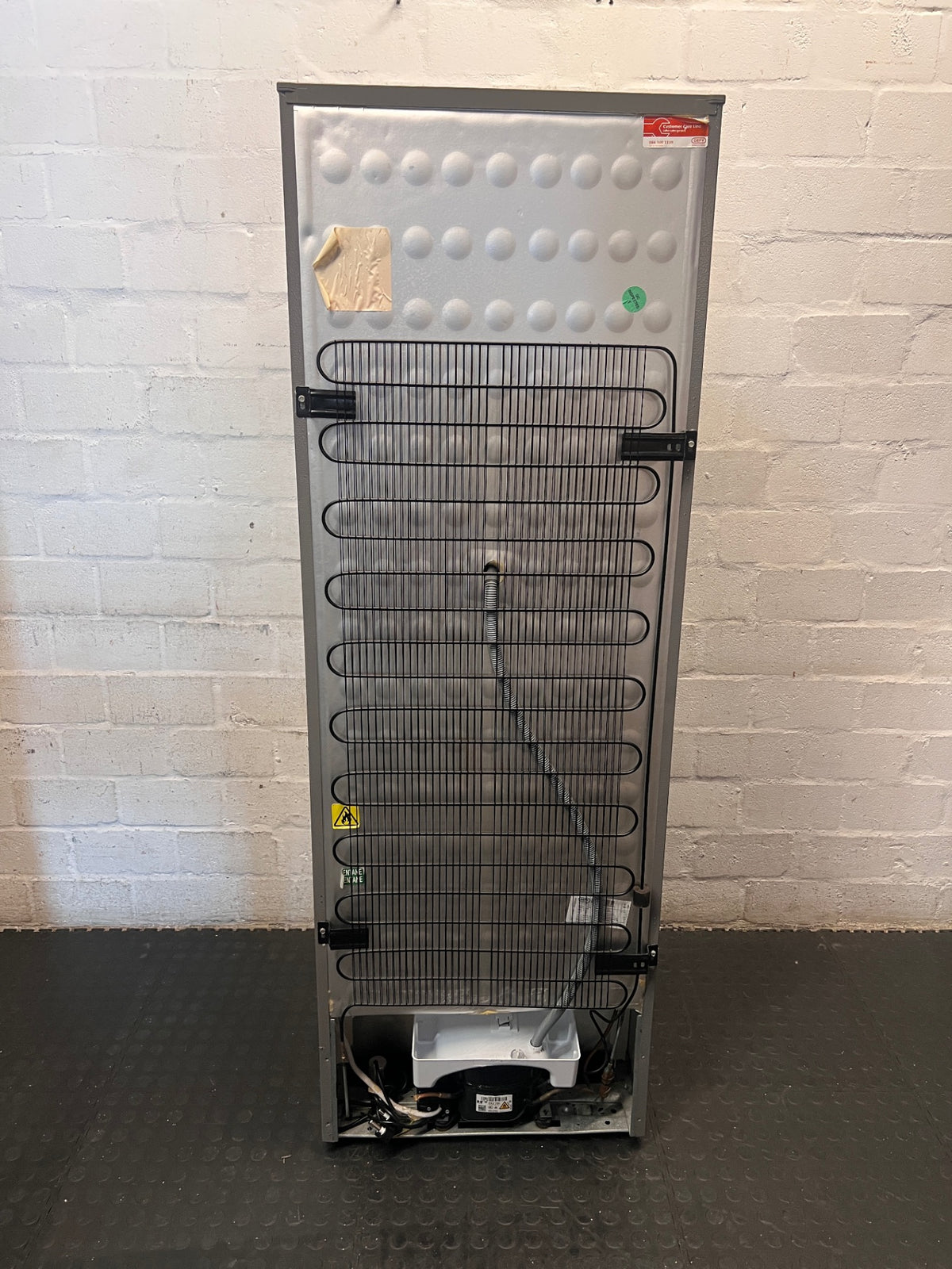 Defy 54cm Satin Metallic Fridge Freezer — Broken Drawer Covers – back view