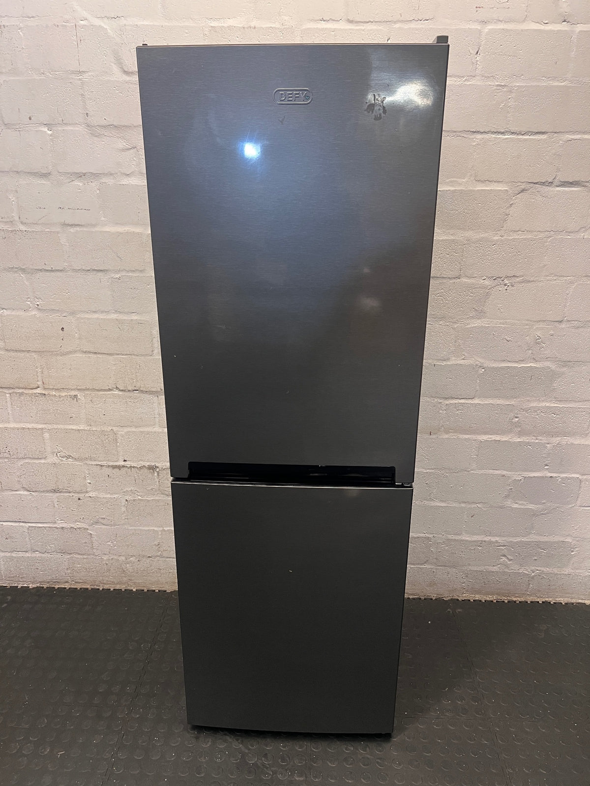 Defy 54cm Satin Metallic Fridge Freezer — Broken Drawer Covers – main front view