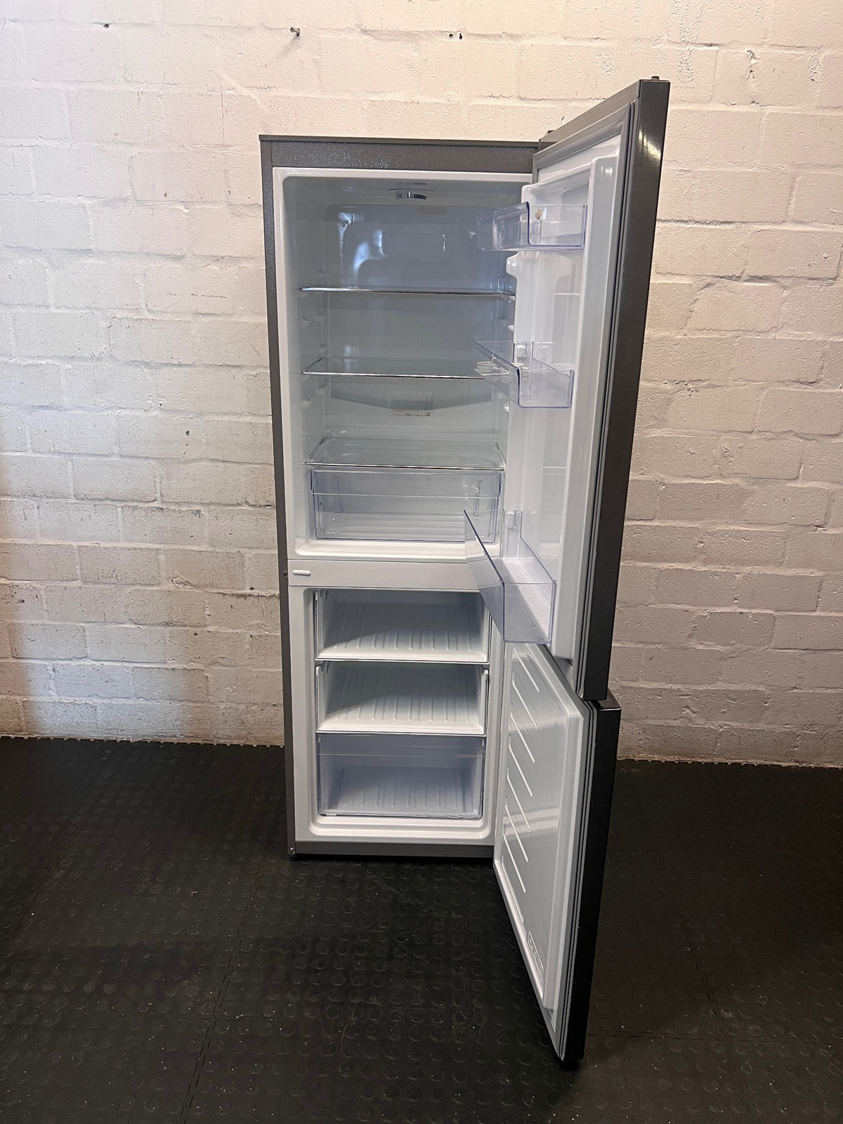 Defy 54cm Satin Metallic Fridge Freezer — Broken Drawer Covers – side view