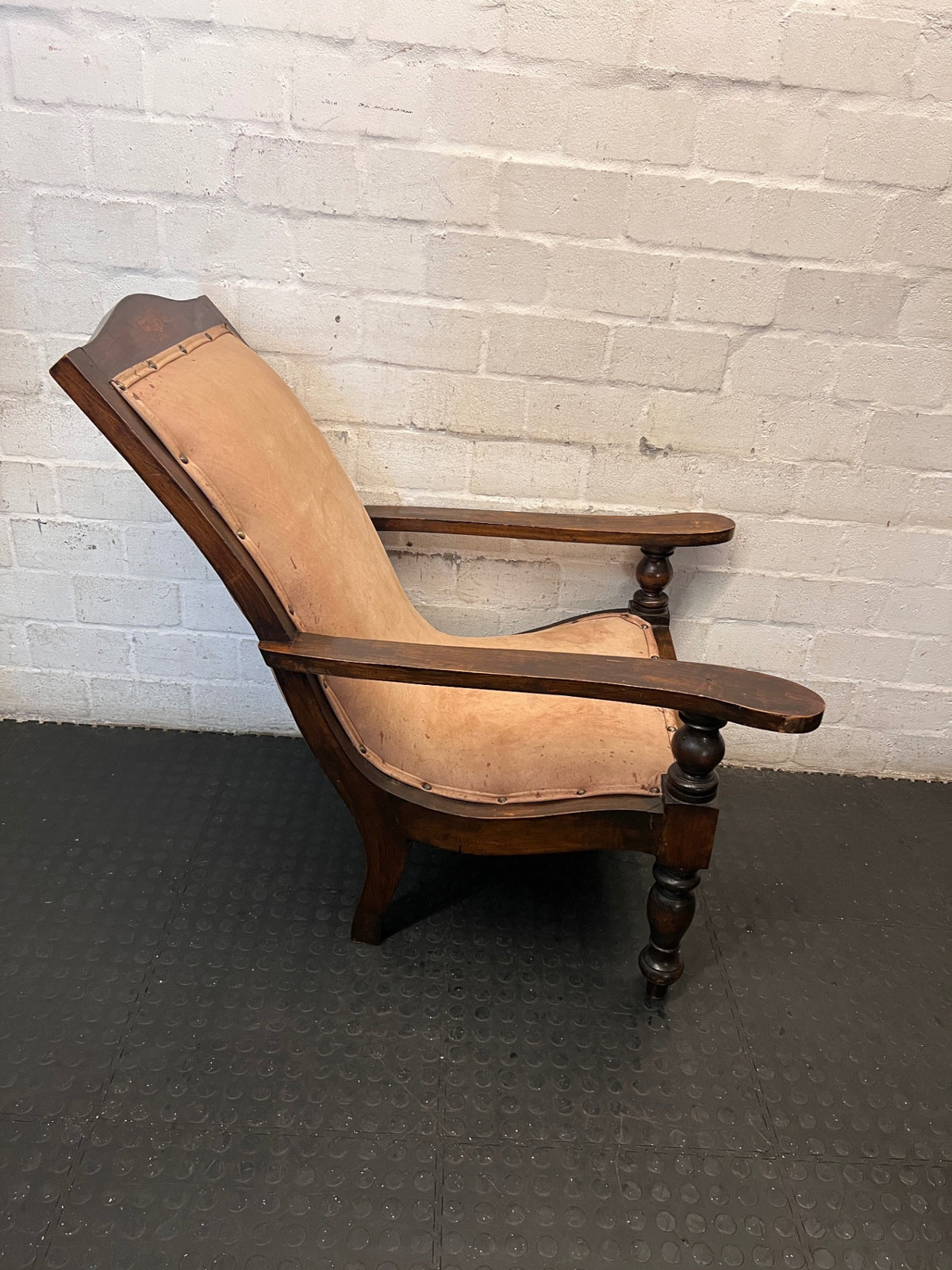Vintage Wooden Armchair with Tan Upholstery – back view