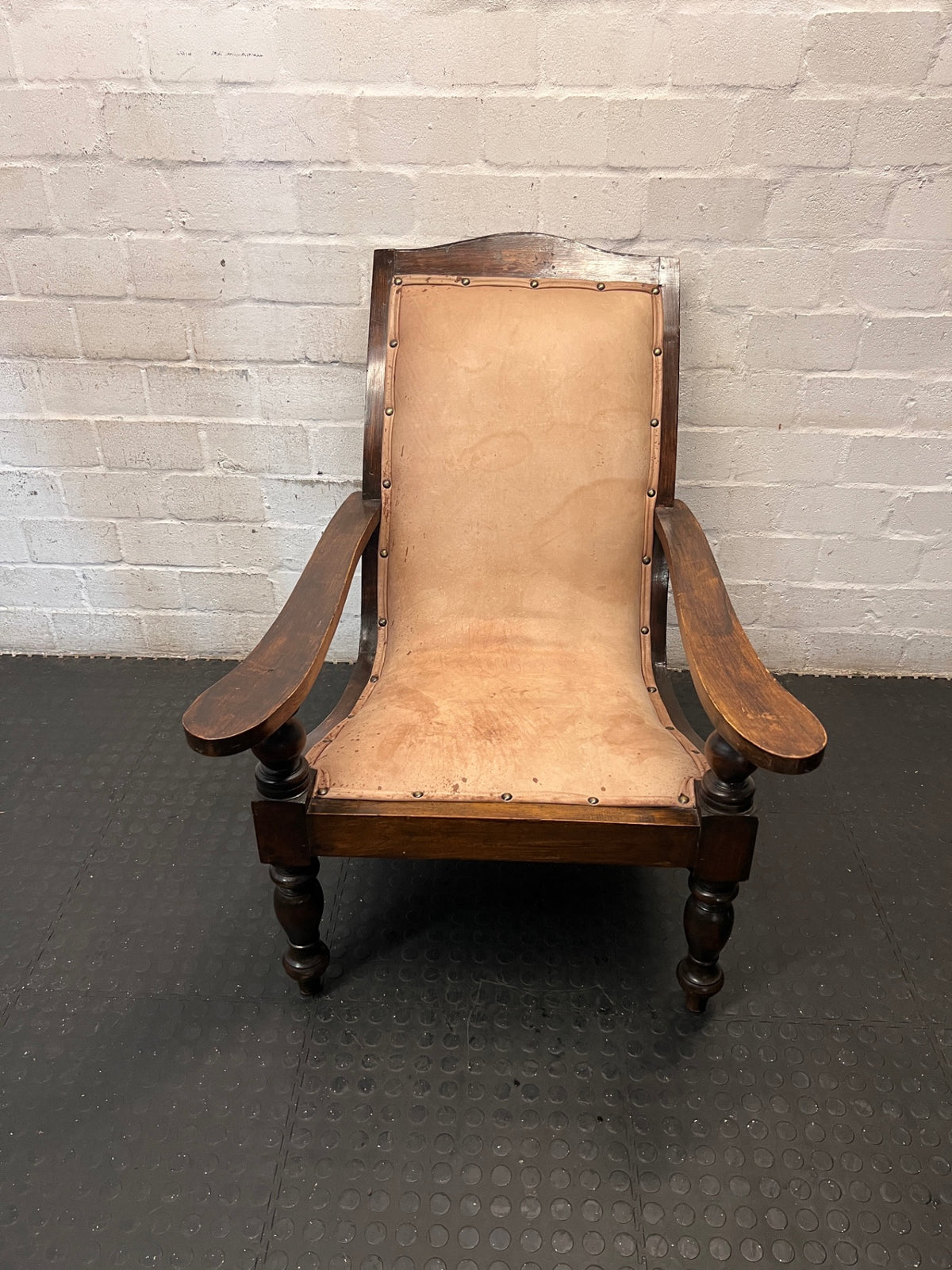 Vintage Wooden Armchair with Tan Upholstery – main front view