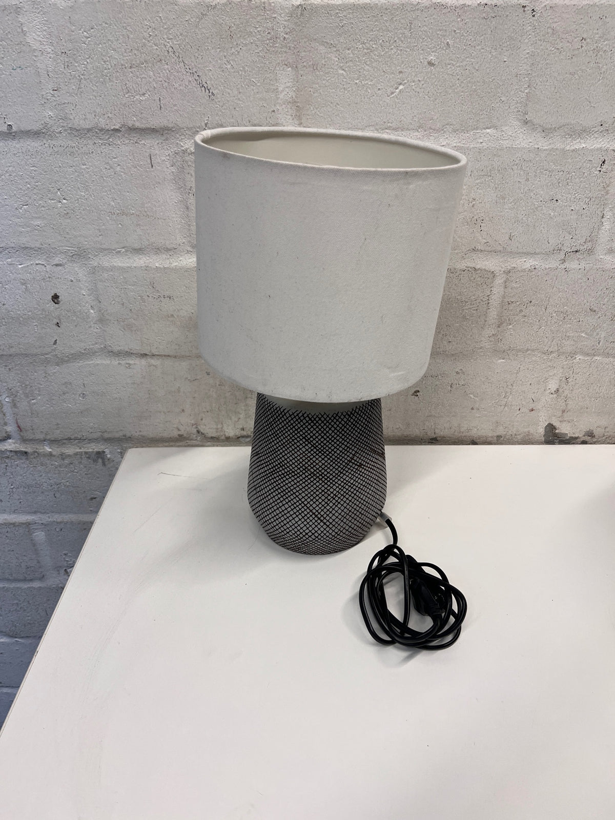 Patterned Base Table Lamp with White Fabric Shade – back view