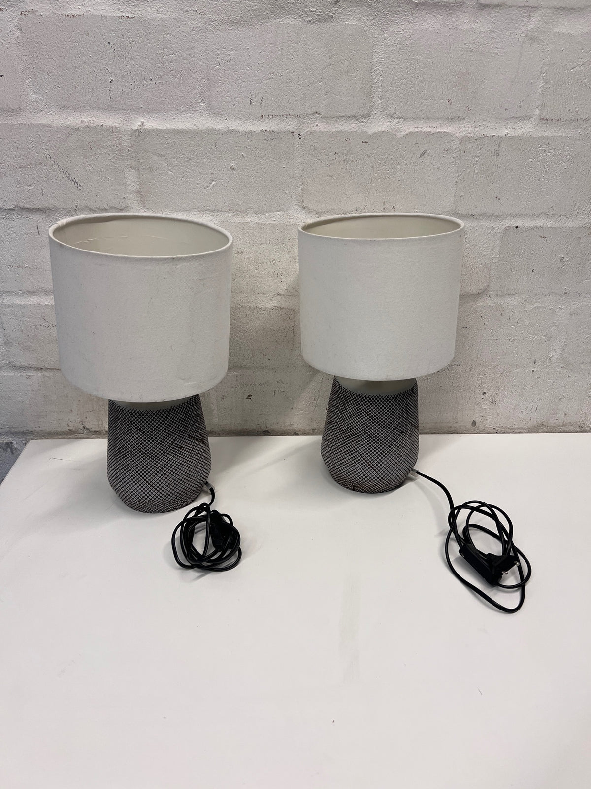 Patterned Base Table Lamp with White Fabric Shade – side view