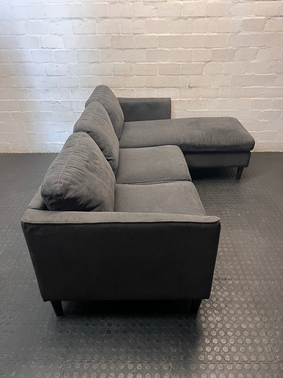 Grey L-Shaped Sectional Couch with Tapered Legs – back view